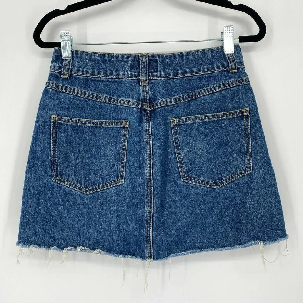 Marine Layer Mendes Denim Mini Skirt Women Size XS Raw Hem Cotton Dark Wash Blue - Picture 8 of 10